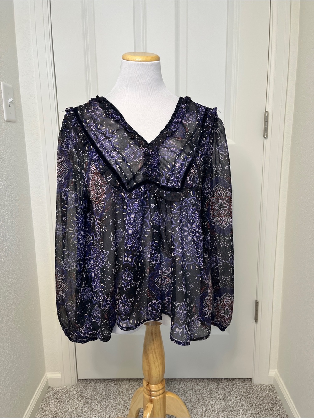 Maurices Black Purple Paisley Sheer Ruffle Boho Blouse Large
